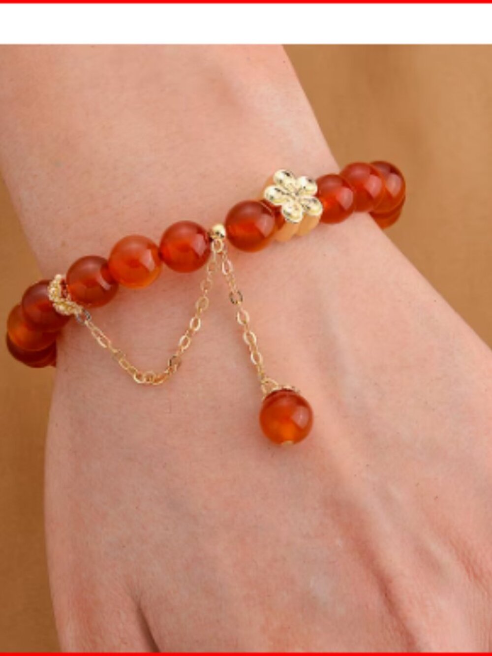 Dyed Red Agate Beaded Stretch Bracelet in Goldtone - Picture 2 of 3
